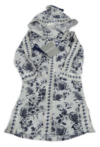 Nové - bílo-tmavomodré šaty s kytičkami a vzorem a kapucí