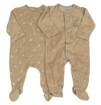 2x - Světlehnědý sametový overal se zvířátky KIABI