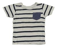 Bílo-tmavomodré pruhované tričko s kapsou PRIMARK