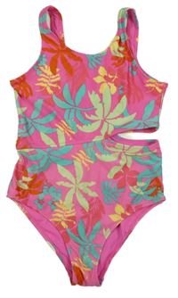 Tmavorůžové jednodílné plavky s palmami a lístečky a průstřihem PRIMARK