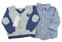 2set- Šedo-modrý propínací svetr + Modro-bílá pruhovaná košile F&F