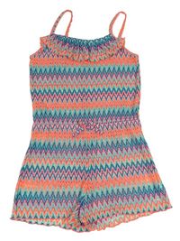 Tyrkysovo-modro-neonově oranžový krajkový kraťasový overal zn. Primark