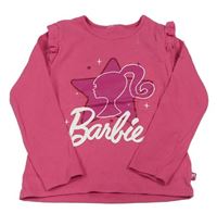 Tmavorůžové žebrované triko s Barbie a volánky LC Waikiki