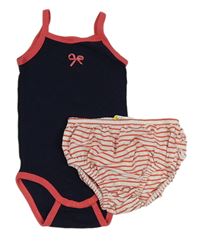 2set - Tmavomodré body + bílo-červené pruhované kalhotky na plenku s volánky