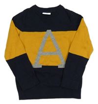 Tmavomodro-okrový svetr s písmenem Topolino