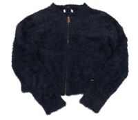 Tmavomodrý chlupatý propínací crop svetr