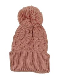Růžová pletená čepice s bambulí 