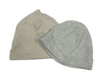 2x čepice - šedá žebrovaná + světlebéžová 