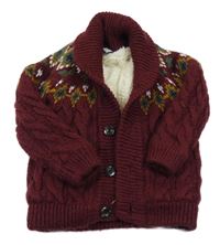 Vínový vzorovaný zateplený propínací vlněný svetr Tu