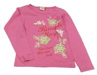 Růžové triko s květy a nápisem Yigga