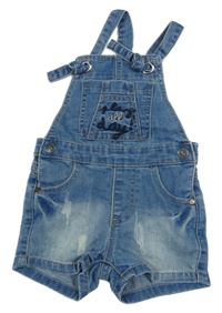 Modré laclové riflové kraťasy s nápisem 