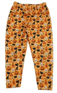 Oranžové vzorované legíny s dýněmi a kočkami 
