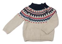 Smetanovo-tmavomodro-červený vzorovaný svetr Primark