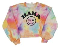 Barevná batikovaná crop mikina se smajlíkem a nápisem Shein