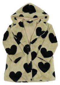 Béžovo-černý kožešinový podšitý kabát se srdíčky a kapucí Shein