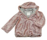 Růžová kožešinová zateplená bunda s kapucí Next
