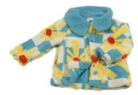 Světlemodro-bílo-žlutý kostkovaný květovaný huňatý podšitý kabát 