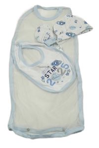 Nové - 3set - Bílo-modrý bryndák s nápisem + rukavice + čepice 