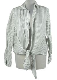 Dámská khaki-bílá pruhovaná lněná crop halenka s uzlem H&M