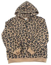 Béžová fleecová mikina s leopardím vzorem a kapucí H&M