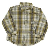 Bílo-olivovo-šedá kostkovaná košile s nášivkami 