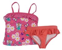 2set - Růžový plavkový top s vílou + korálové plavkové kalhotky s volánkem 
