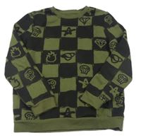 Khaki-černá kostkovaná mikina s obrázky zn. Primark