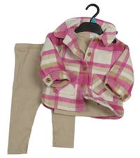 Nové - 3set - Růžovo-bílá kostkovaná košilová bunda + legíny + triko F&F