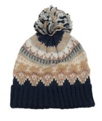 Tmavomodro-meruňkovo-šedá vzorovaná čepice s bambulí 