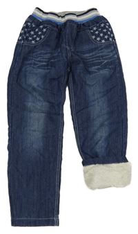 Tmavomodré zateplené rifle s hvězdami a úpletovým pasem 