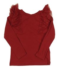 Tmavočervené triko s tylovými třpytivými volánky H&M