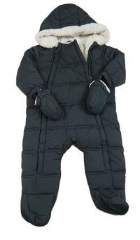 Antracitová šusťáková prošívaná zimní kombinéza s kapucí + rukavice F&F