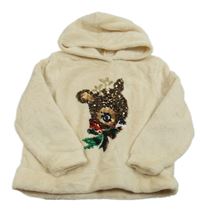 Béžová chlupatá mikina se srnkou z flitrů a kapucí H&M