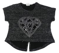 Černo-stříbrné svetrové tričko s diamantem a flitry Yigga