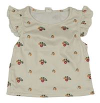 Smetanové žebrované květované tričko Shein