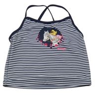 Tmavomodro-bílý pruhovaný plavkový top s potiskem Bibi&Tina