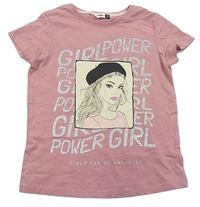 Starorůžové tričko s dívkou a stříbrnými nápisy zn. PEP&CO