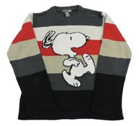 Tmavošedo-světlešedo-červeno-béžovo-černý pruhovaný svetr se Snoopym H&M