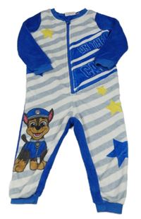 Šedo-bílo-cobaltově modrá pruhovaná plyšová kombinéza s PAW PATROL - Chase nickelodeon