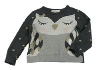 Tmavošedo-šedý melírovaný svetr se sovičkou a puntíky H&M