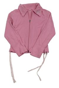 Růžová propínací crop mikina s nařasením a límečkem s motýlkem z kamínků