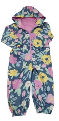 Tmavomodrá šusťáková jarní kombinéza s kytičkami a kapucí St. Bernard