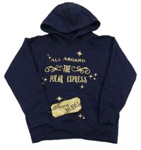 Tmavomodrá mikina se zlatými nápisy a kapsou a kapucí AWDis