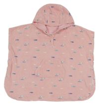 Světlerůžové froté pončo osuška s rybičkami a kapsou a kapucí John Lewis