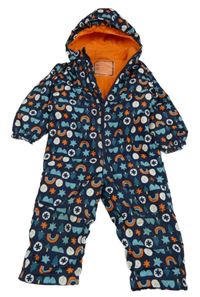 Tmavomodrá šusťáková zimní kombinéza s obrázky a kapucí lupilu