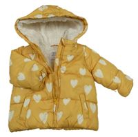 Okrová prošívaná šusťáková zimní bunda se srdíčky a kapucí F&F