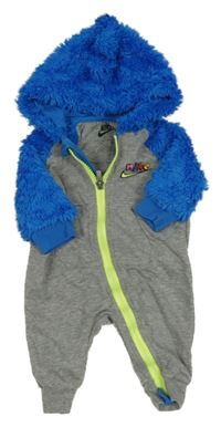 Šedo-modrá melírovaná teplákovo/chlupatá kombinéza s logem a kapucí Nike