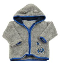 Šedo-bílá chlupatá bunda s raketou a kapucí s oušky lupilu