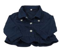 Tmavomodrá tepláková riflová bunda s volánkem a límečkem