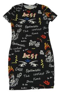 Černé elastické šaty s nápisy a smajlíky a plamínky SHEIN